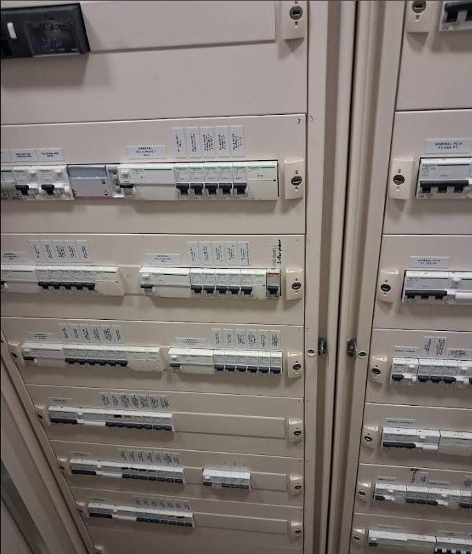 Armoires de distribution électrique équipées de protections modulaires repérées et étiquetées.